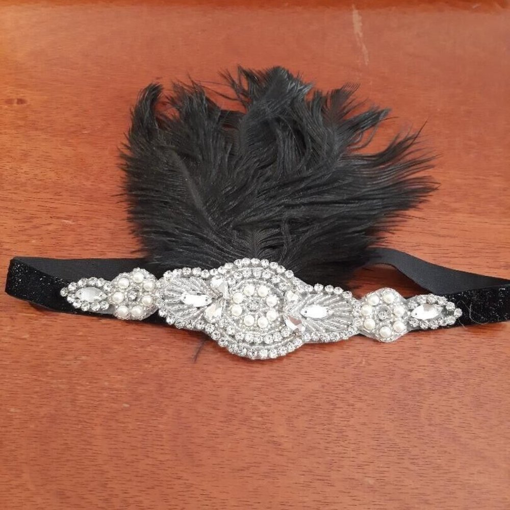 SWEETV Accessories Collection Hairband Black Feather Pearls Stones New